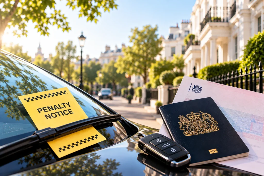 Penalty notice on a car alongside a British passport, illustrating driving offences and their potential impact on an ILR application.