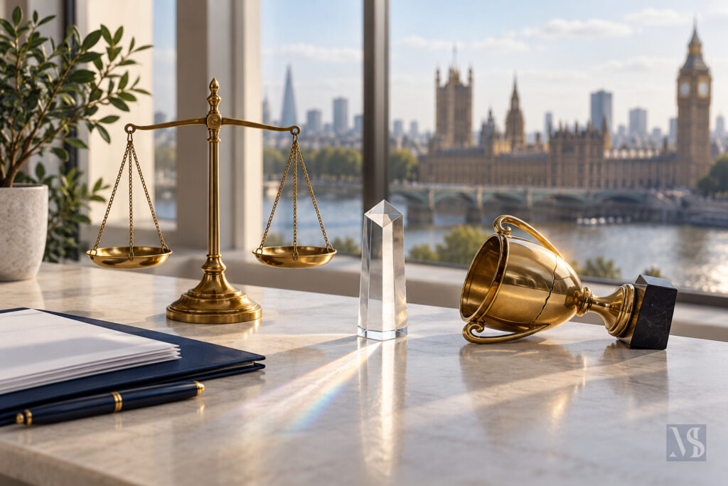 Brass scales of justice beside a fallen cracked trophy, symbolising integrity over a false victory.
