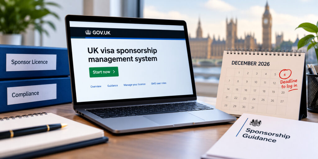 A UK HR team reviewing sponsor licence compliance on a laptop in a modern office setting.