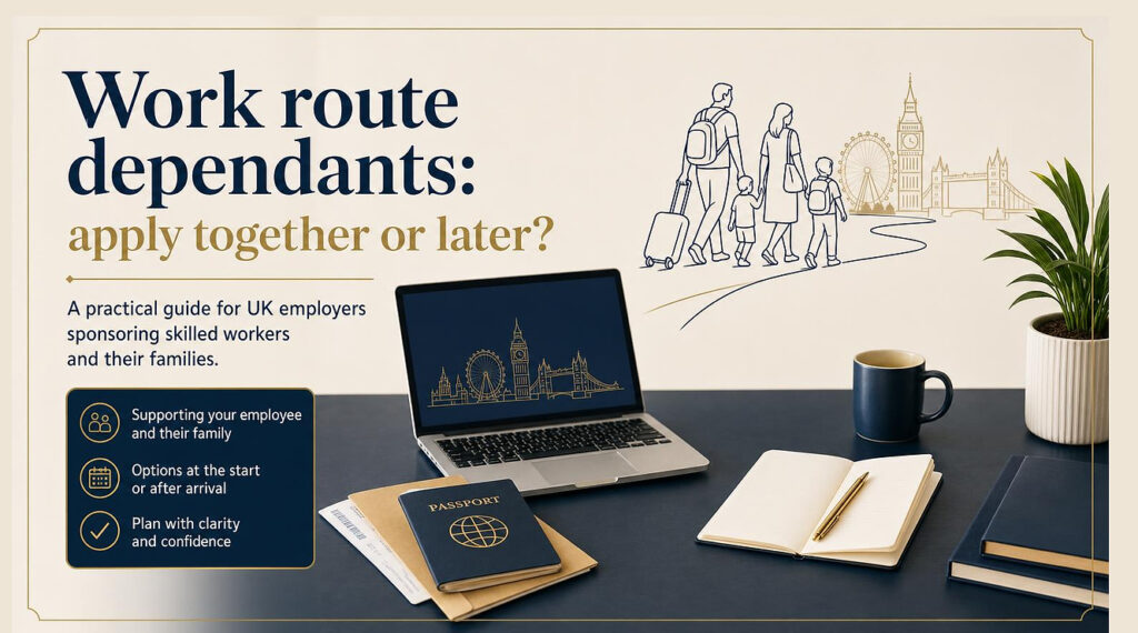 A professional desk scene with a laptop, travel paperwork and family documents suggesting a UK work visa family move.