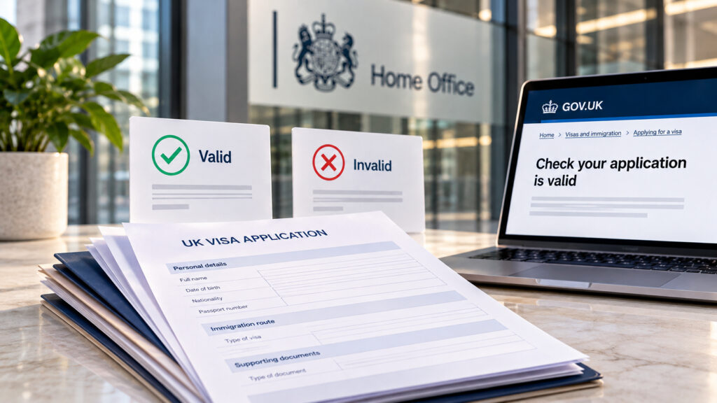 A UK employer and HR adviser reviewing a visa application timeline beside a calendar and laptop in a modern office.