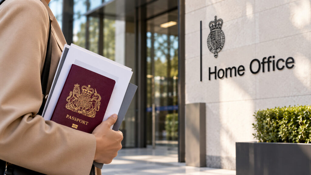 A professional desk scene with a laptop, passport, checklist and calendar representing UK visa application validity checks.