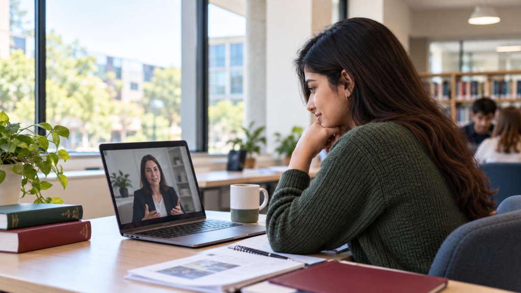 Student preparing for a UK Student visa credibility interview by video call in a university study space.